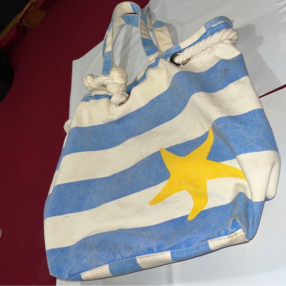 Barnes and Noble BLUE Stripe Canvas book BAG BEACH TOTE. yellow STAR, 19” X 13” - Picture 3 of 15